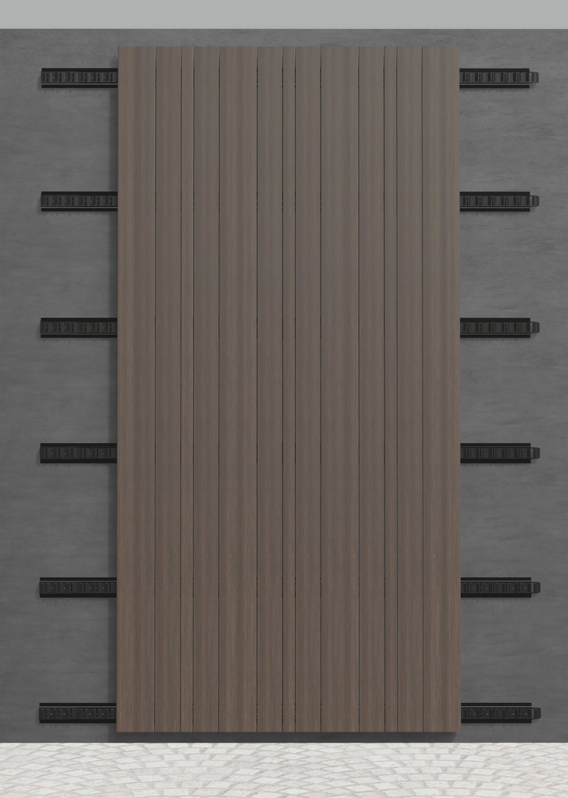 Six horizontal aluminium rails with clips screwed to a concrete wall