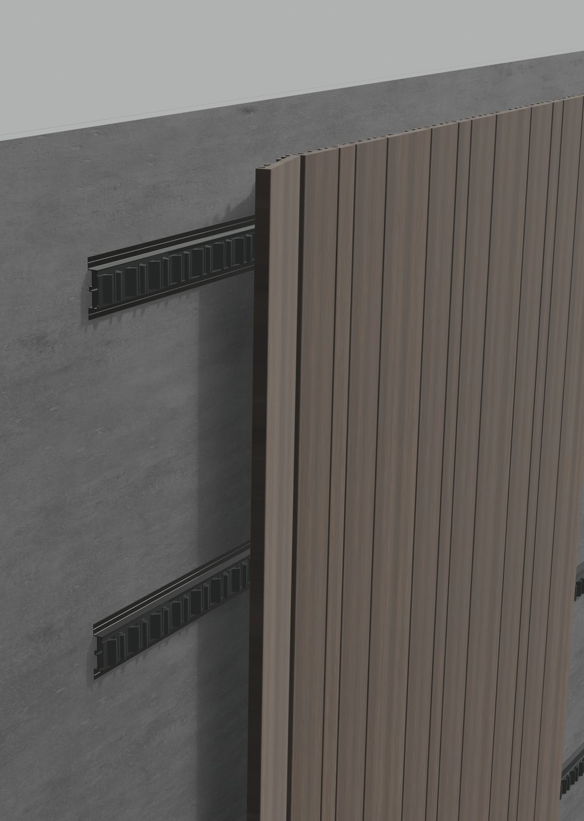 Walnut composite panel clicked onto the rails, seen from the side