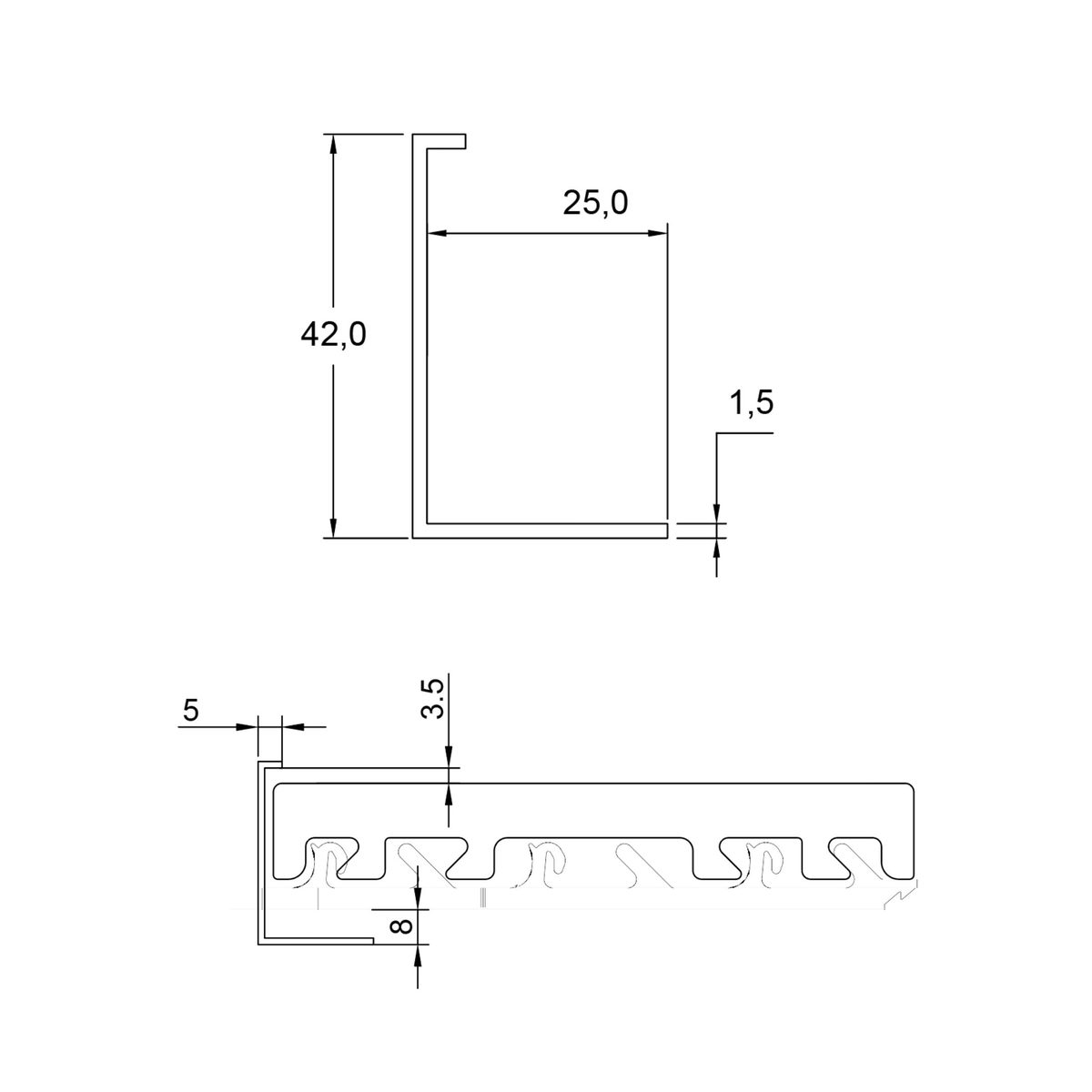 Section drawing of the start, end and top profile