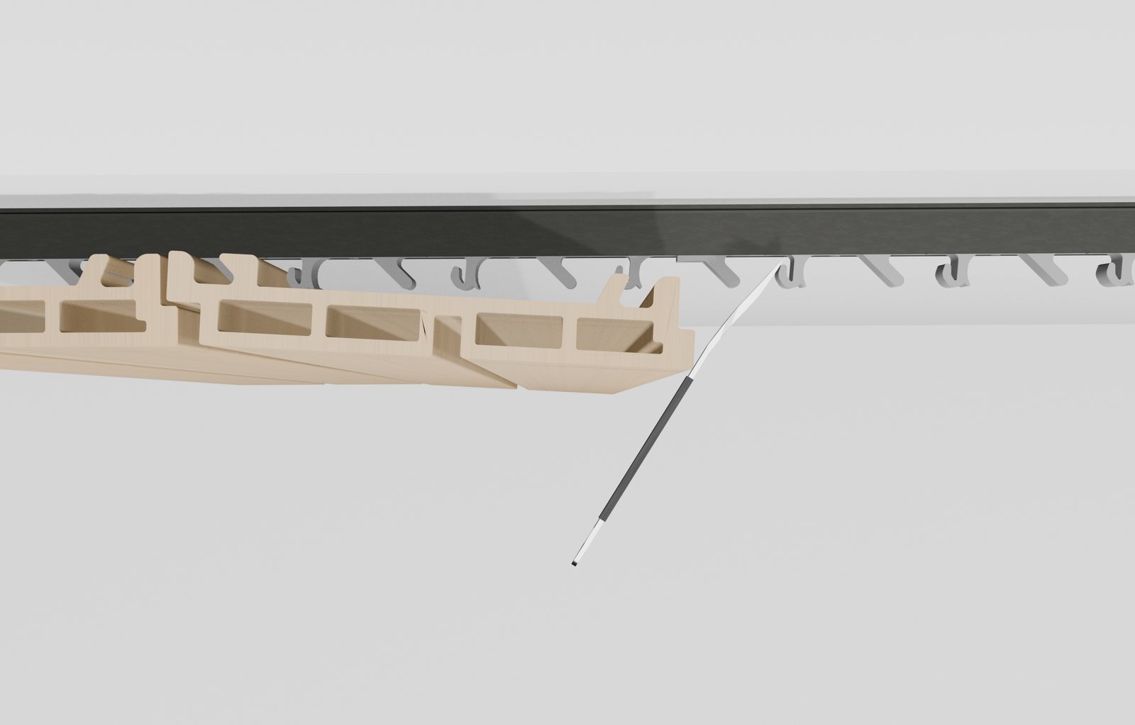 Section view: the composite slat hooks into the clips on the aluminium rail while the mounting tool levers it in