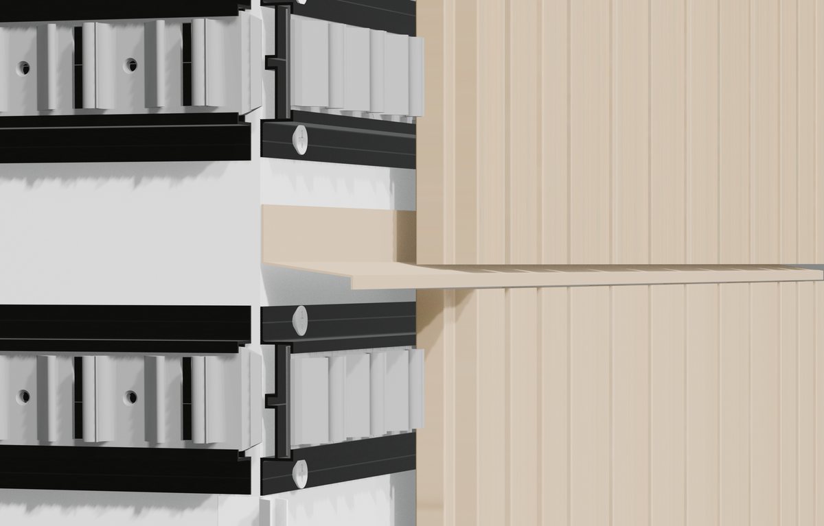Outside corner where two slat facades meet on the universal corner profile