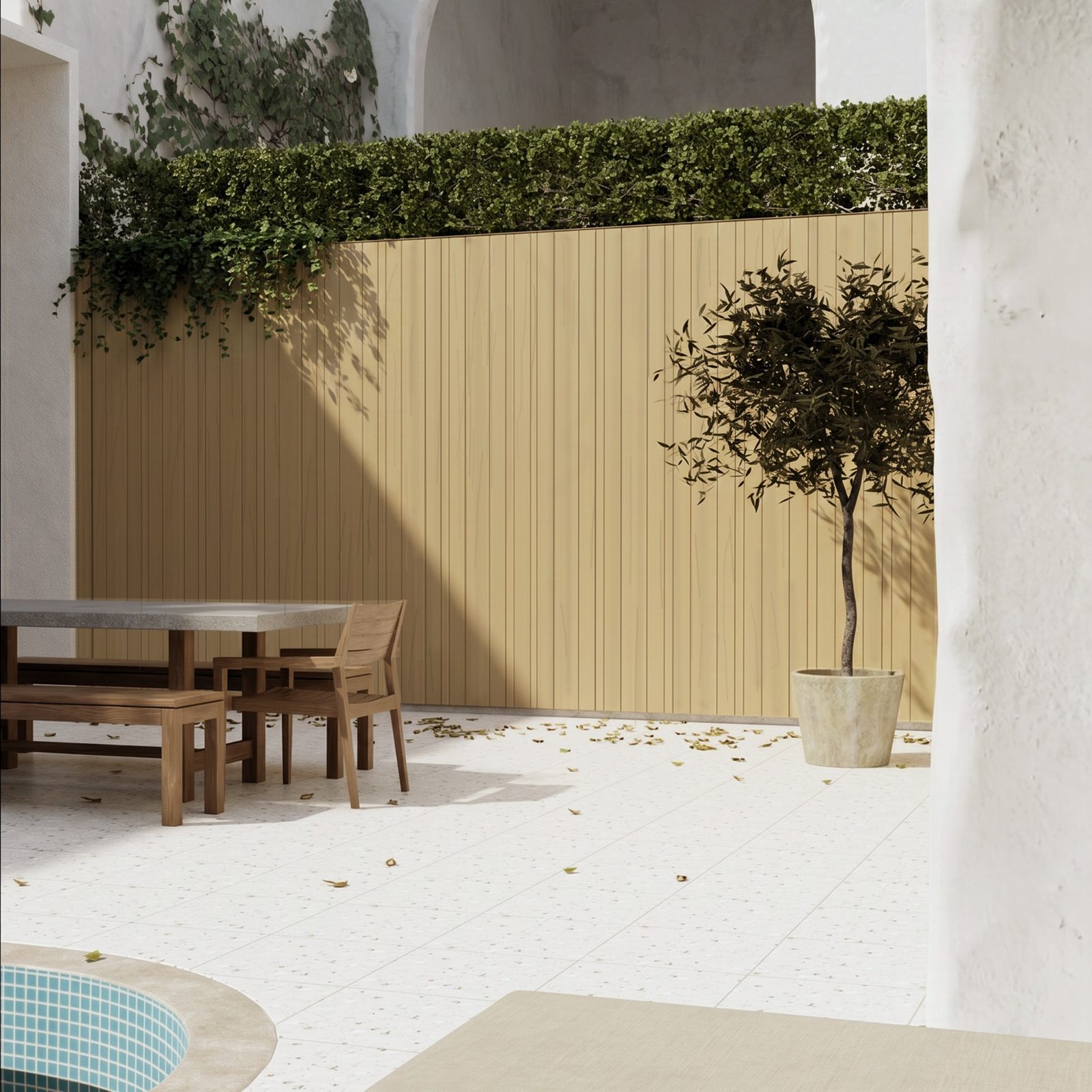 Rendered courtyard with an oak Barcode slat wall and a table under an olive tree