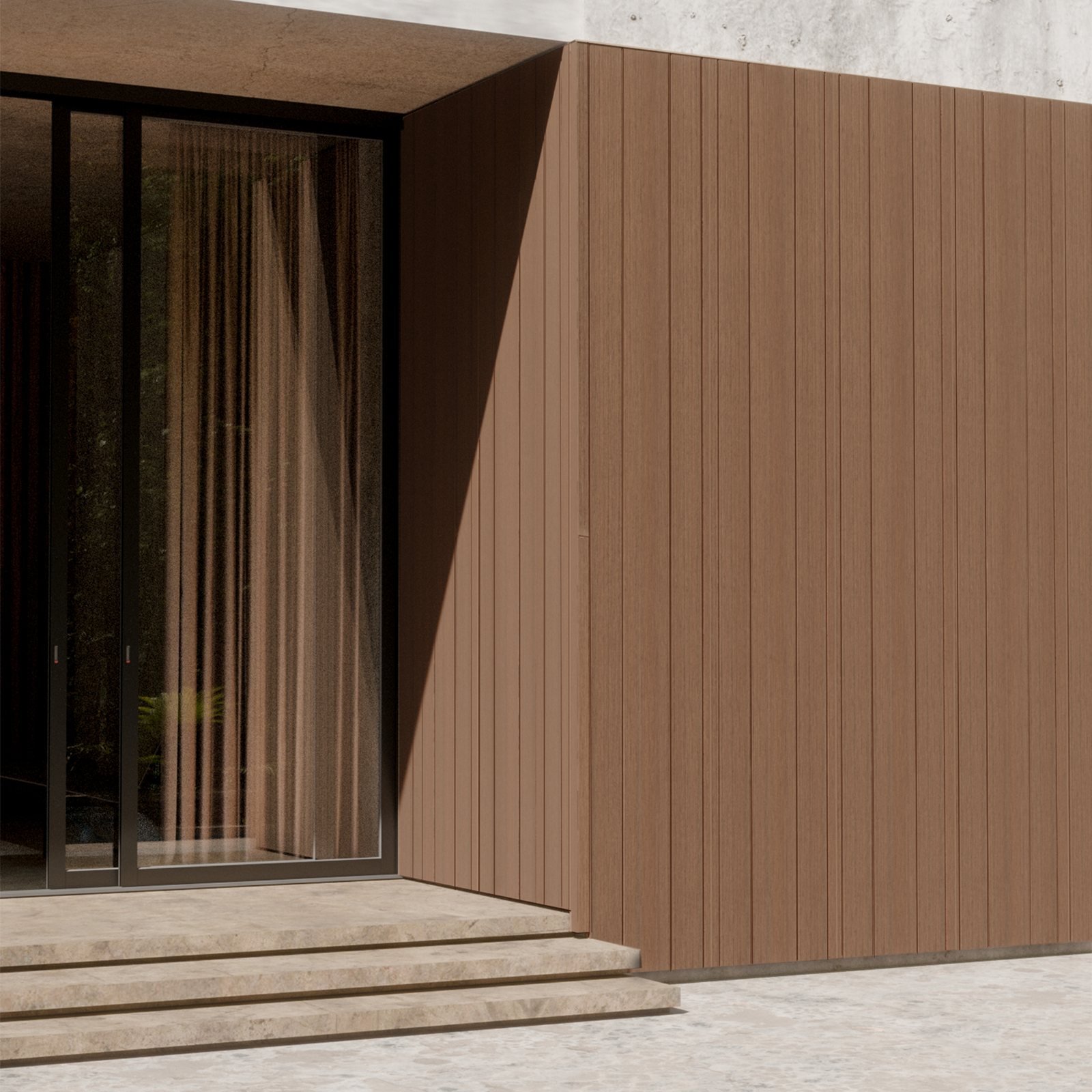 Teak Barcode slat wall at a house entrance with steps