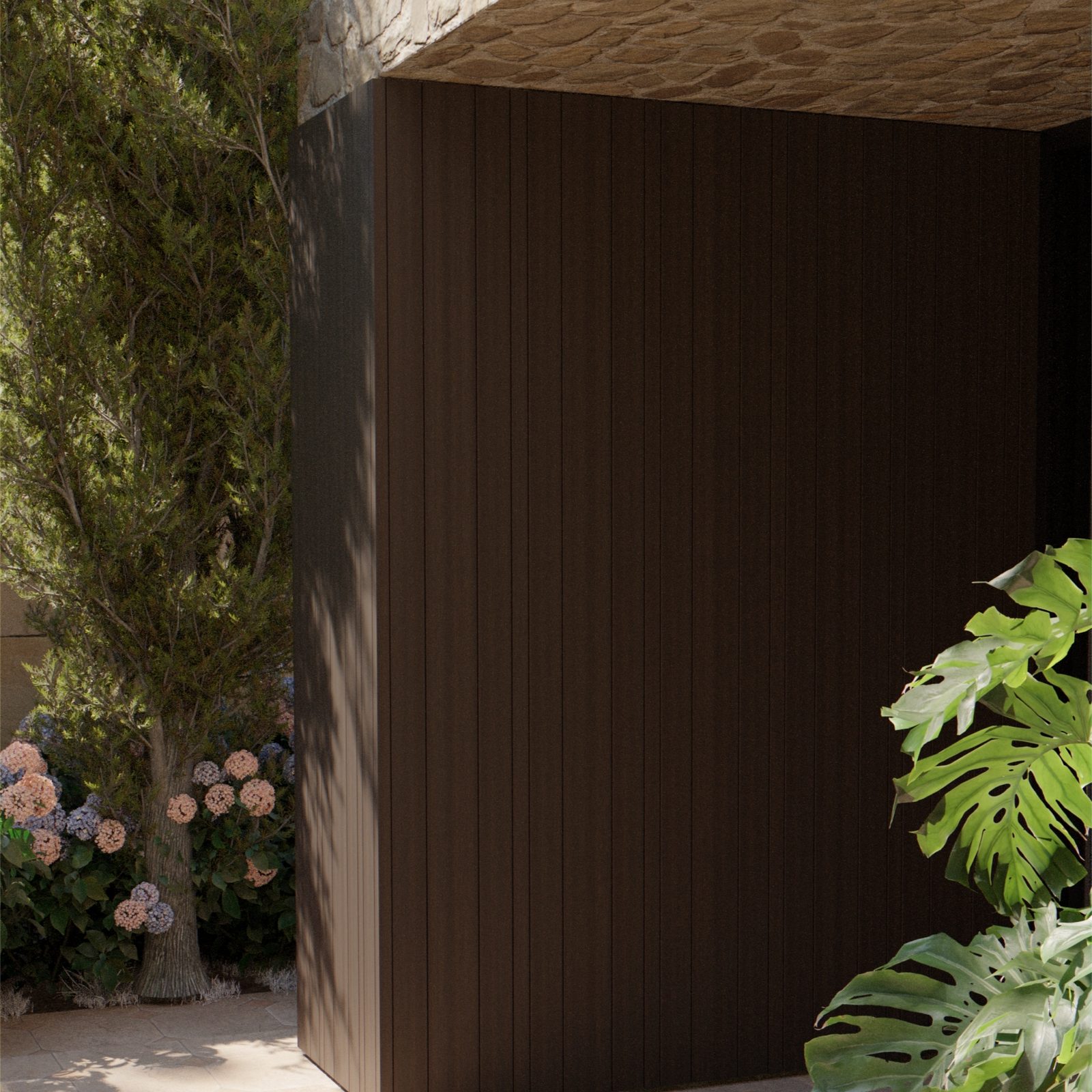 Walnut Barcode slat wall around a garden terrace