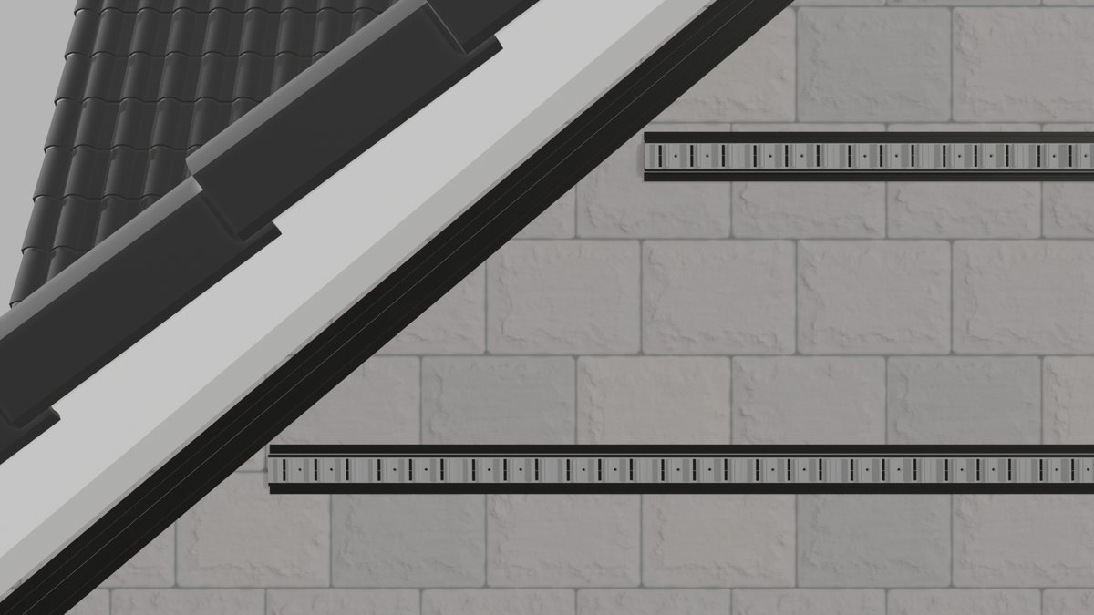 Rails following a sloped roof edge on a rendered gable wall