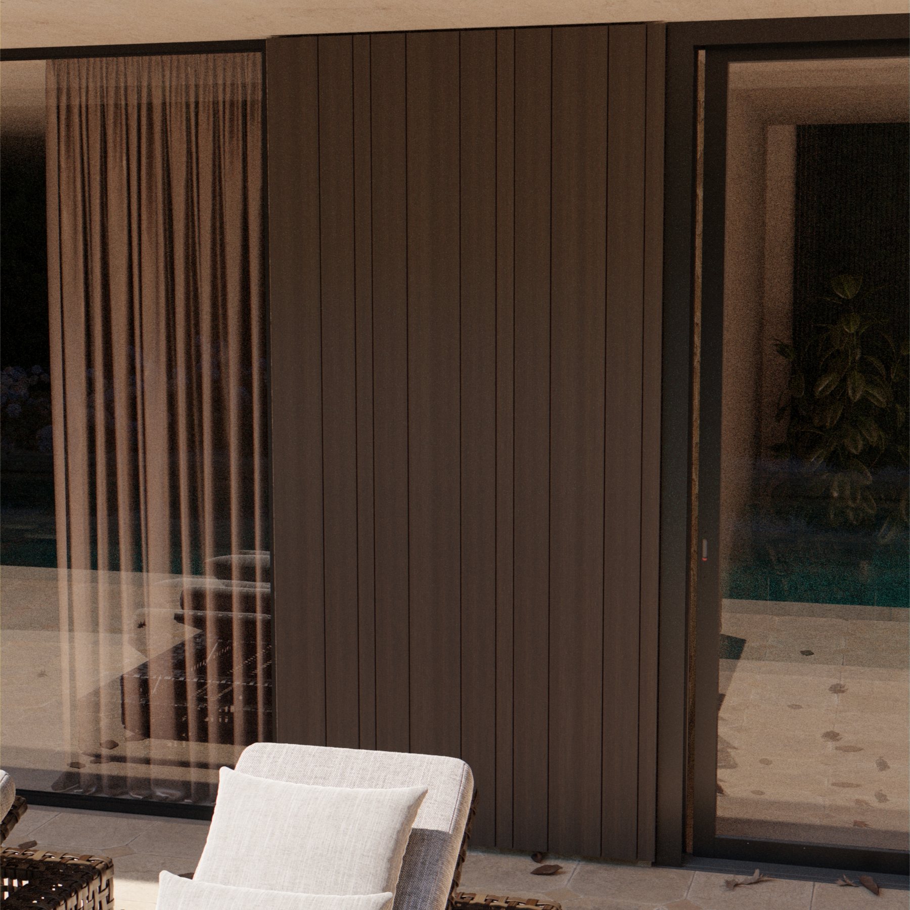 Walnut NewClick Barcode facade beside a terrace with lounge chairs and a pool