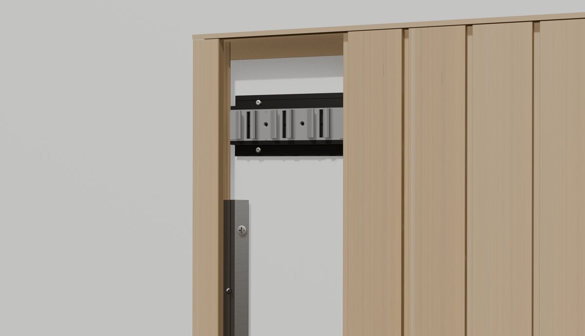 Slat facade around an opening with the rail and stopper visible